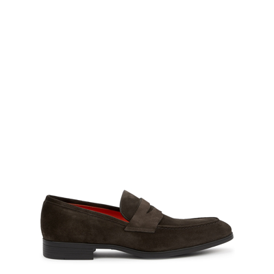 Santoni Blooming Brown Suede Penny Loafers In Dark Brown