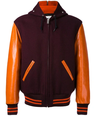Maison Margiela Two-tone Wool And Leather Bomber Jacket In Bordeaux