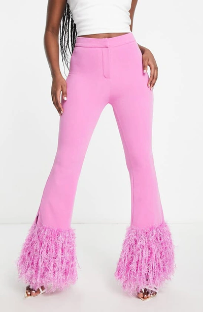 Asos Design Floral Embellished Pants Feather Hem With In Pink