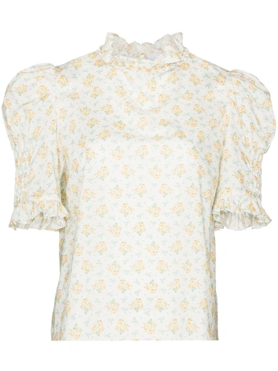 Horror Vacui Julietta Ruffled Smocked Floral-print Cotton-voile Blouse In White
