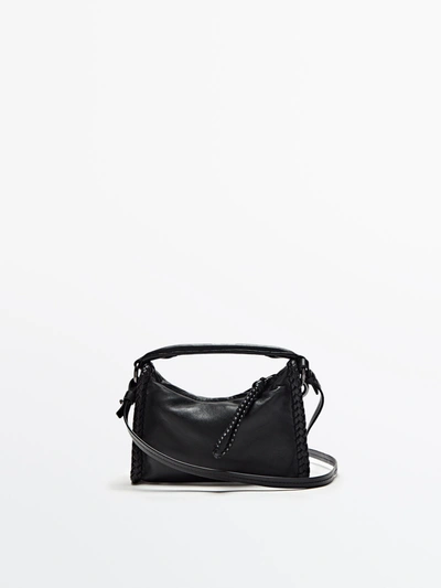 Massimo Dutti Mini Leather Bag With Braided Detail In Black