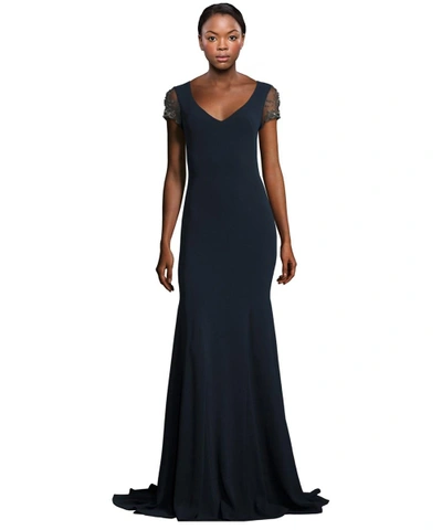 Theia Jeweled Crystal Embroidered Tulle Gown In Navy