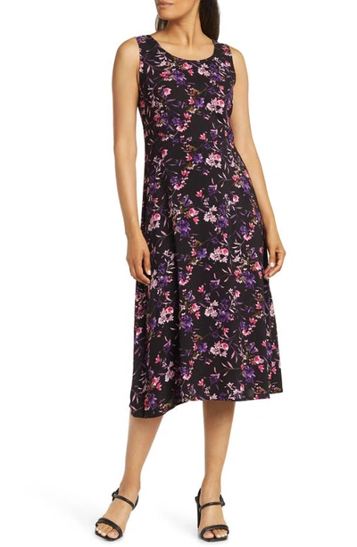 Connected Apparel Lace-up Floral Print Dress In Black