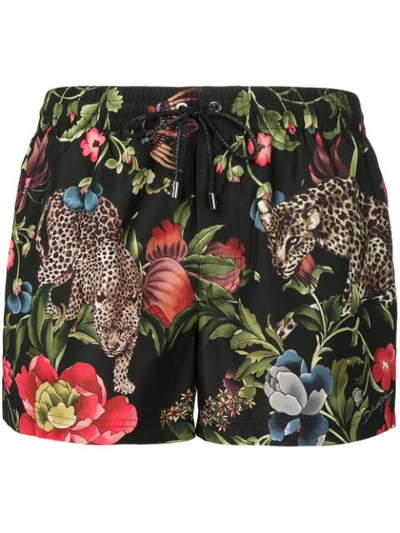 Dolce & Gabbana Floral And Leopard-print Swim Shorts In Black