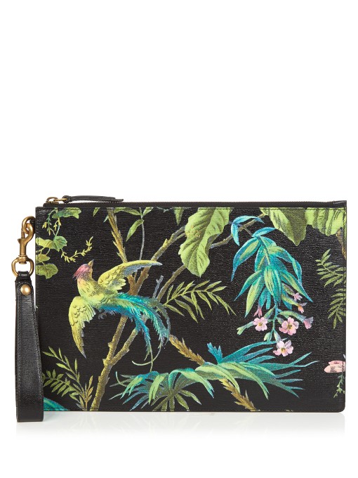 Gucci Tropical-print Leather Pouch In Black | ModeSens