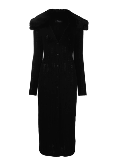 Blumarine Midi Dress In Black Knit With Eco-fur Collar