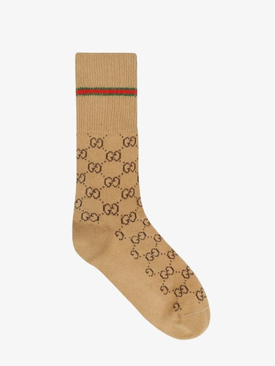 Gucci Brown Gg-intarsia Cotton-blend Socks In Beige