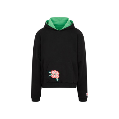 Kenzo Flower-embroidered Relaxed-fit Cotton Hoody In Black,green