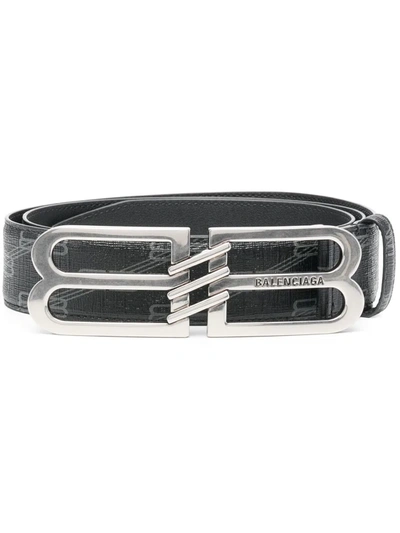 Balenciaga Bb Black Monogrammed Leather Belt In Black And Grey