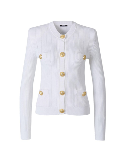 Balmain Button Detailed Cropped Knitted Cardigan In White