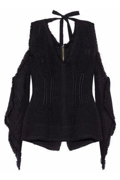Roland Mouret Woman Cold-shoulder Frayed Linen Top Black