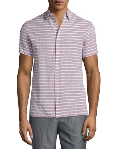 Vince Striped Short-sleeve Linen Shirt, Magenta | ModeSens