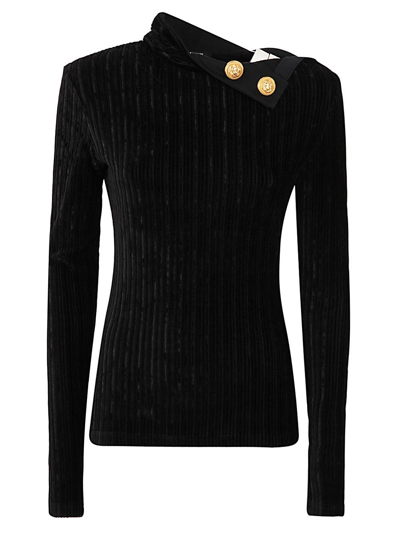 Balmain Pullover In Black Viscose And Cotton Velvet In Nero