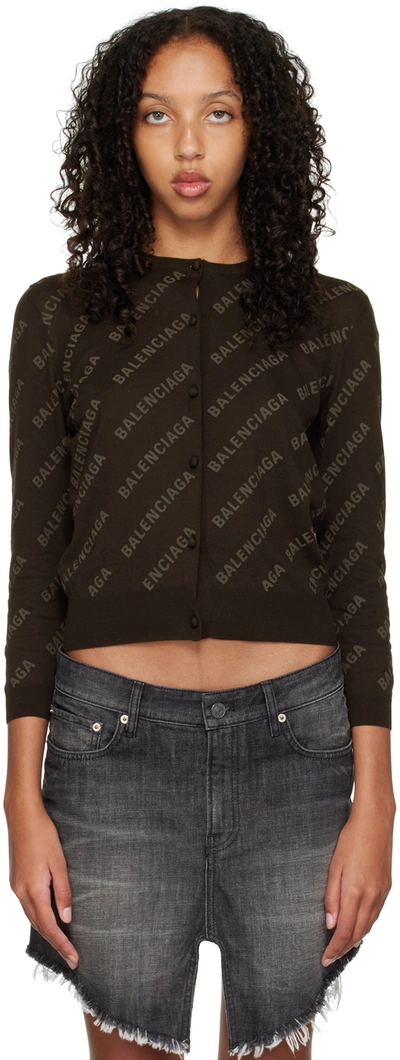 Balenciaga Woman Brown Knit Crop Cardigan With All-over Logo In Brown/brown