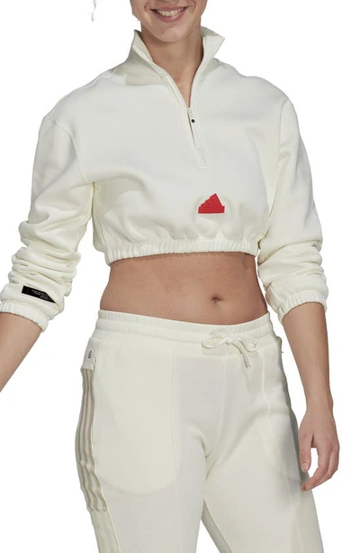 Adidas Sportswear Crop Half Zip Fleece Sweatshirt In Off White/ Bright Red