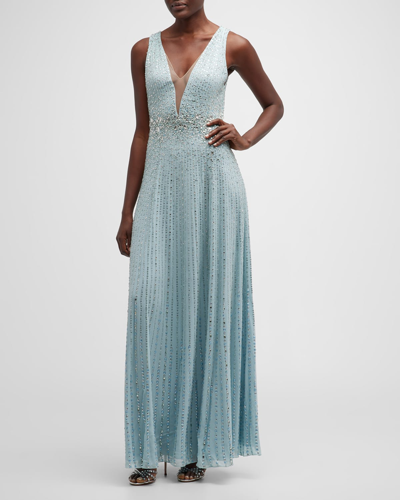 Jenny Packham Meredith Beaded Plunging Illusion Sleeveless Gown In Blue