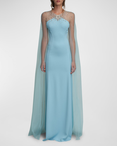 Jenny Packham Wren Cape-effect Crystal-embellished Tulle And Stretch-crepe Gown In Turquoise