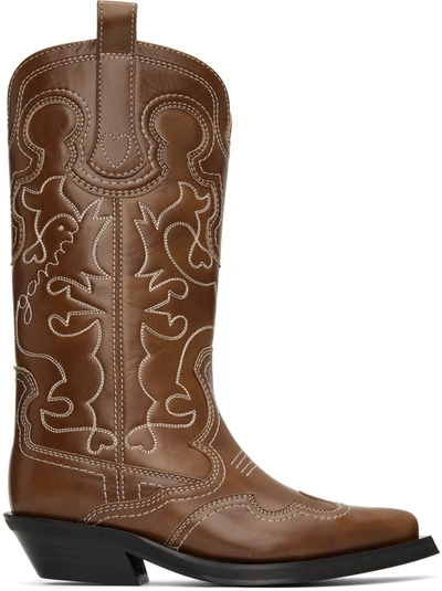 Ganni Knee High Embroidered Western Boots In Beige In Brown