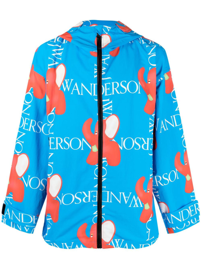 Jw Anderson All Over Logo Print Nylon Zip Jacket In Blue