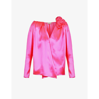 Magda Butrym Pink Blouse With Floral Applique And Belt In Silk Woman