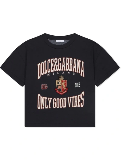 Dolce & Gabbana Kids' Printed Jersey T-shirt With Heraldic Patch In Multicolor