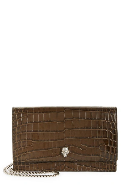 Alexander Mcqueen Medium Skull Croc Embossed Leather Crossbody Bag In Khaki