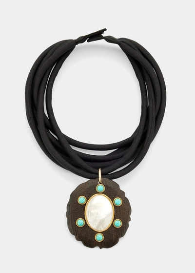 Grazia And Marica Vozza Ebony Circle Charm With Mother-of-pearl And Turquoise On Silk Cord Necklace In Multi