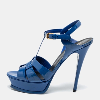 Pre-owned Saint Laurent Blue Patent Tribute Sandals Size 39.5