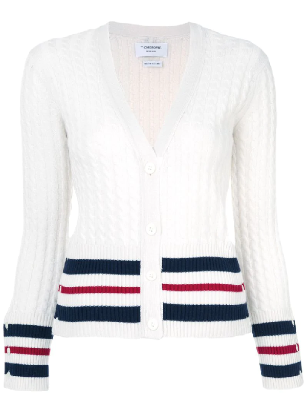 Thom Browne Striped Cashmere Cable Knit Cardigan, White/navy/red | ModeSens