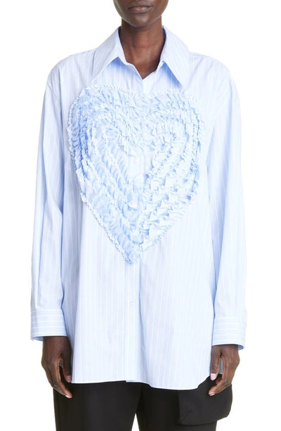 Simone Rocha Ruffle Heart Stripe Cotton Button-up Shirt In Blue