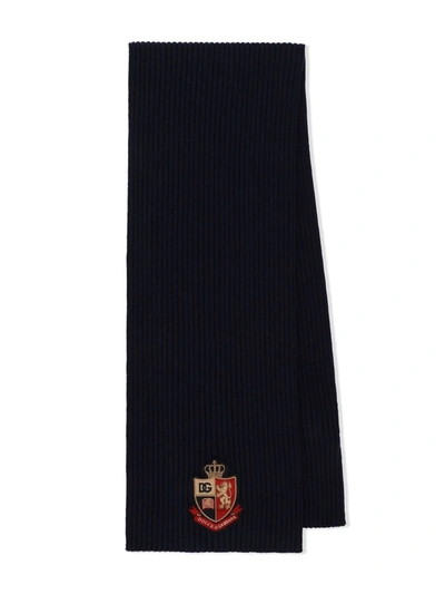 Dolce & Gabbana Kids' Ribbed Knit Scarf With Heraldic Patch In Blue