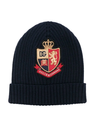 Dolce & Gabbana Kids' Ribbed Knit Hat With Heraldic Patch In Blue