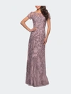 La Femme Floral Beaded Evening Dress In Dusty Lilac