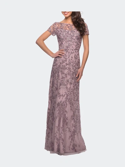 La Femme Floral Beaded Evening Dress In Dusty Lilac