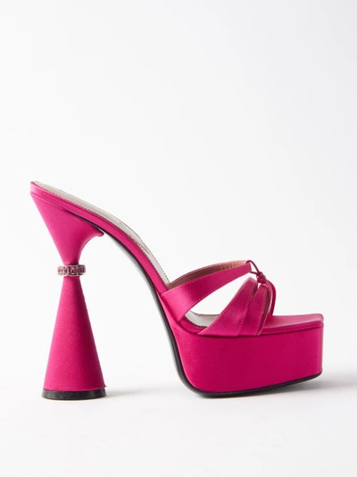 D’accori Sienna Leather-trimmed Embellished Satin Platform Mules In Psycho Pink
