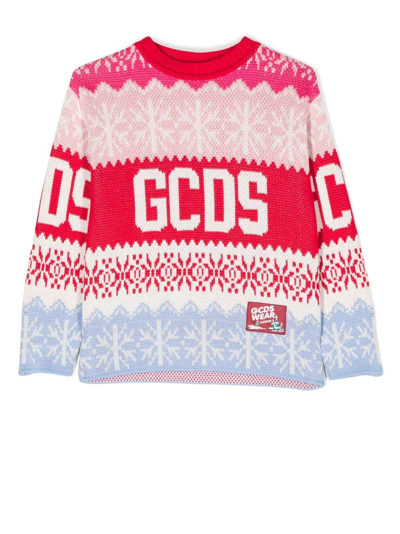 Gcds Kids' Logo Intarsia Cotton Knit Sweater In Multicolor