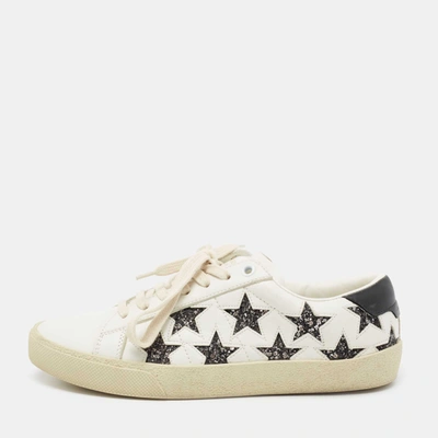 Pre-owned Saint Laurent White/black Leather And Glitter Star Patch Low Top Sneakers Size 37