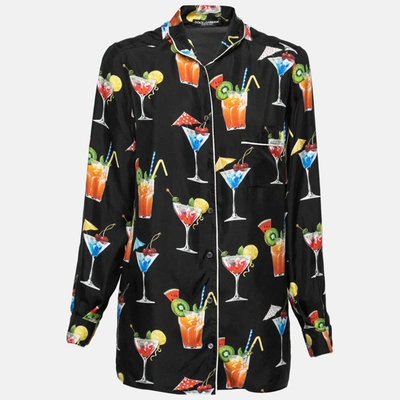 Pre-owned Dolce & Gabbana Black Silk Cocktail Print Button Front Pajama Shirt M
