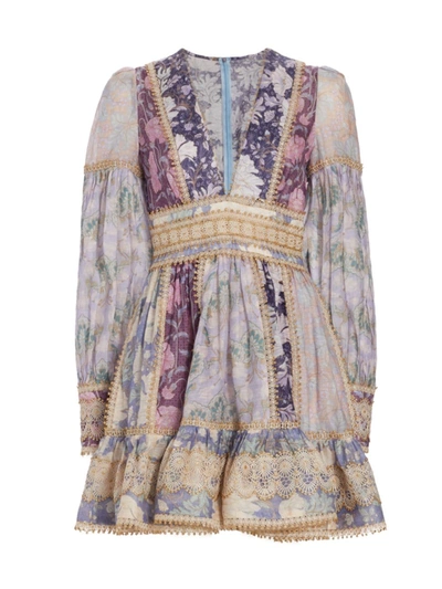 Zimmermann Celestial Crochet-trimmed Floral-print Linen And Silk-blend Voile Mini Dress In Lilla