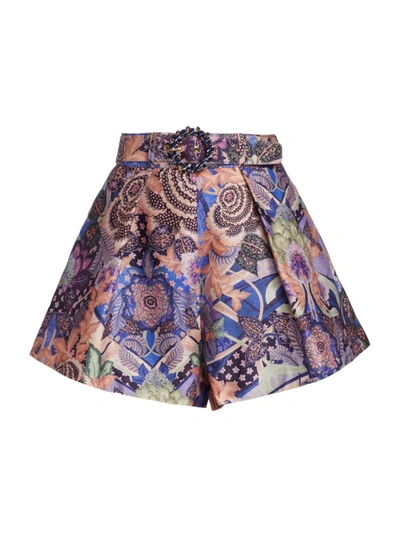 Zimmermann Celestial Print Belted Silk & Cotton Shorts In Multi