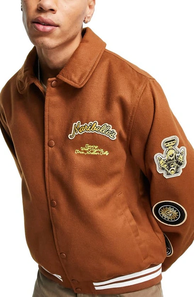Asos Design Varsity Bomber Jacket In Tan-brown