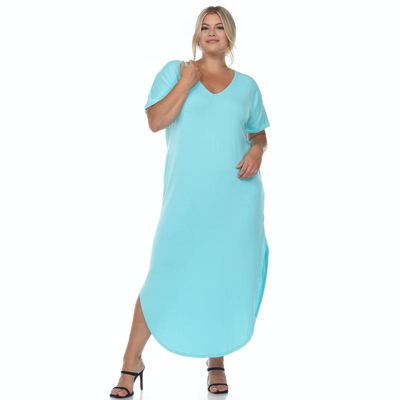 White Mark Plus Size Short Sleeve V-neck Maxi Dress In Blue