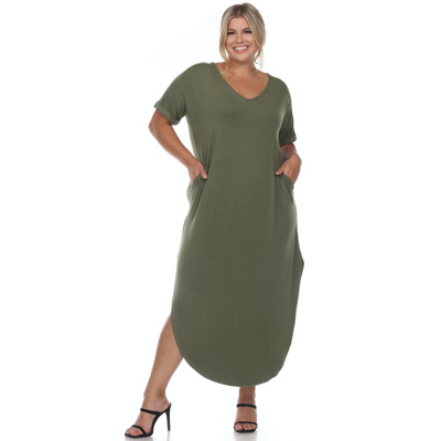 White Mark Plus Size Short Sleeve V-neck Maxi Dress In Olive