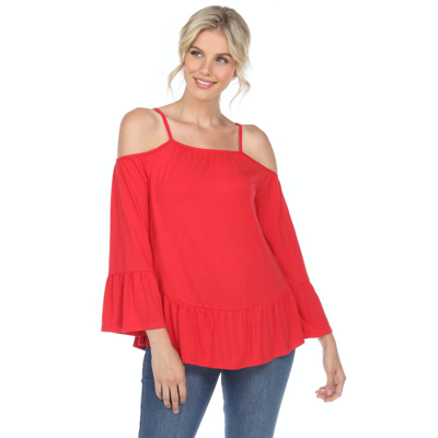 White Mark Cold Shoulder Ruffle Sleeve Top In Red