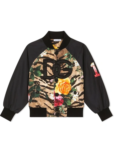 Dolce & Gabbana Kids' Jersey And Nylon Bomber Jacket With Tiger And Rose Print In Multicolor