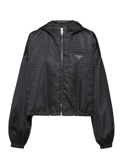 Prada Cropped Re-nylon Hooded Blouson Jacket In Black