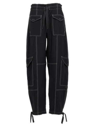 Ganni Topstitched Tapered Cargo Trousers In Black