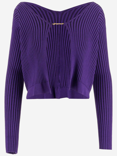 Jacquemus Logo Plaque Long-sleeved Cardigan In Purple