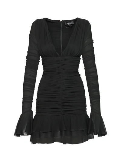 Blumarine Woman Short Dress In Black Ruffled Silk With Flounces