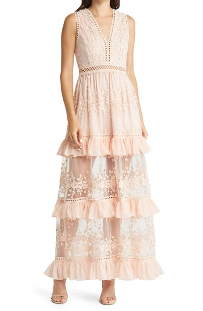 Lulus Garden Dreams Lace Tiered Maxi Dress In Pink